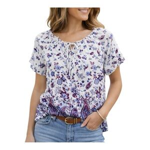 Talbots Petite Paisley Floral Peasant Blouse SP Blue Burgundy Boho Rayon